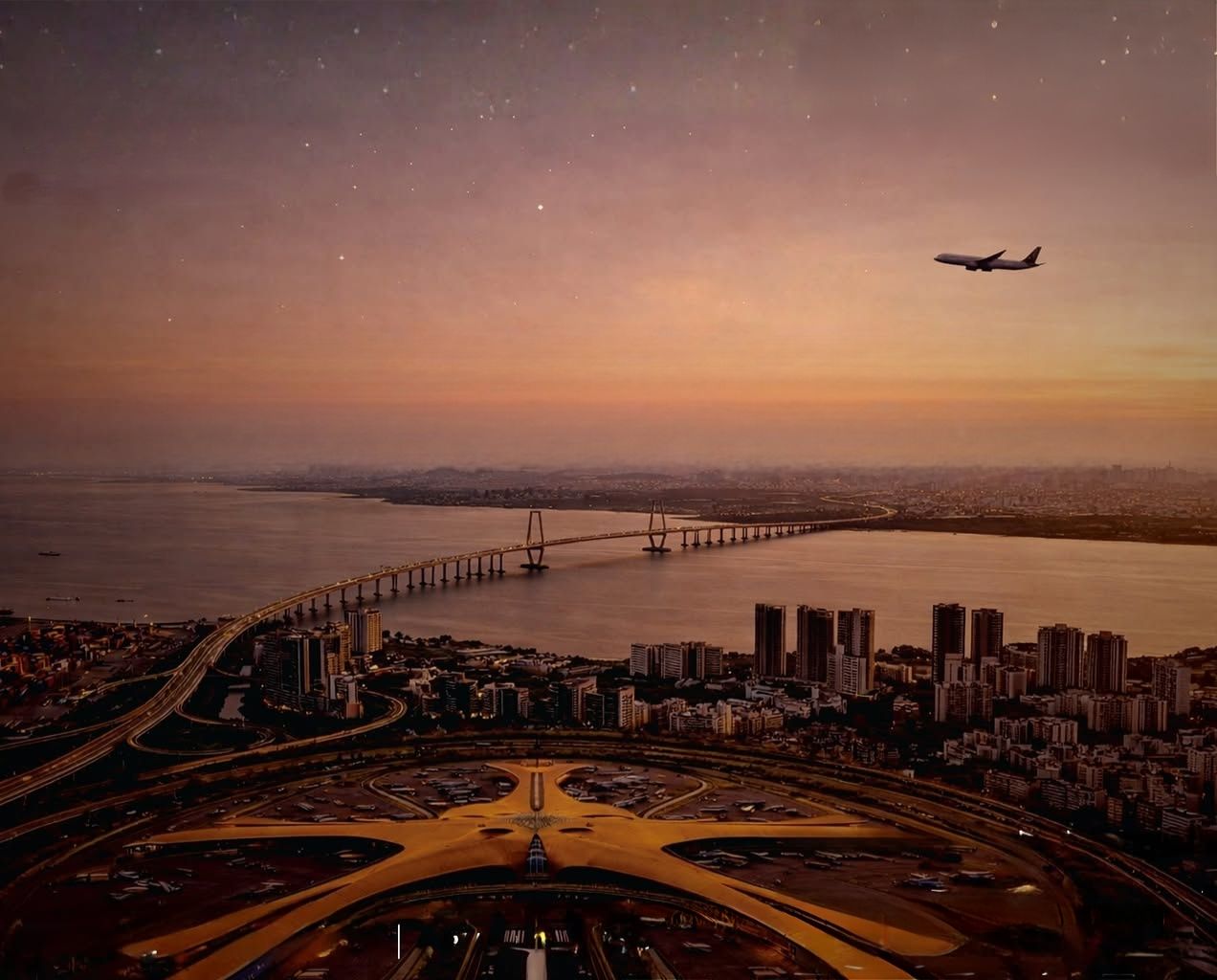 Atal Setu Mumbai Trans Harbour Link & Navi Mumbai International Airport, sunset aerial view